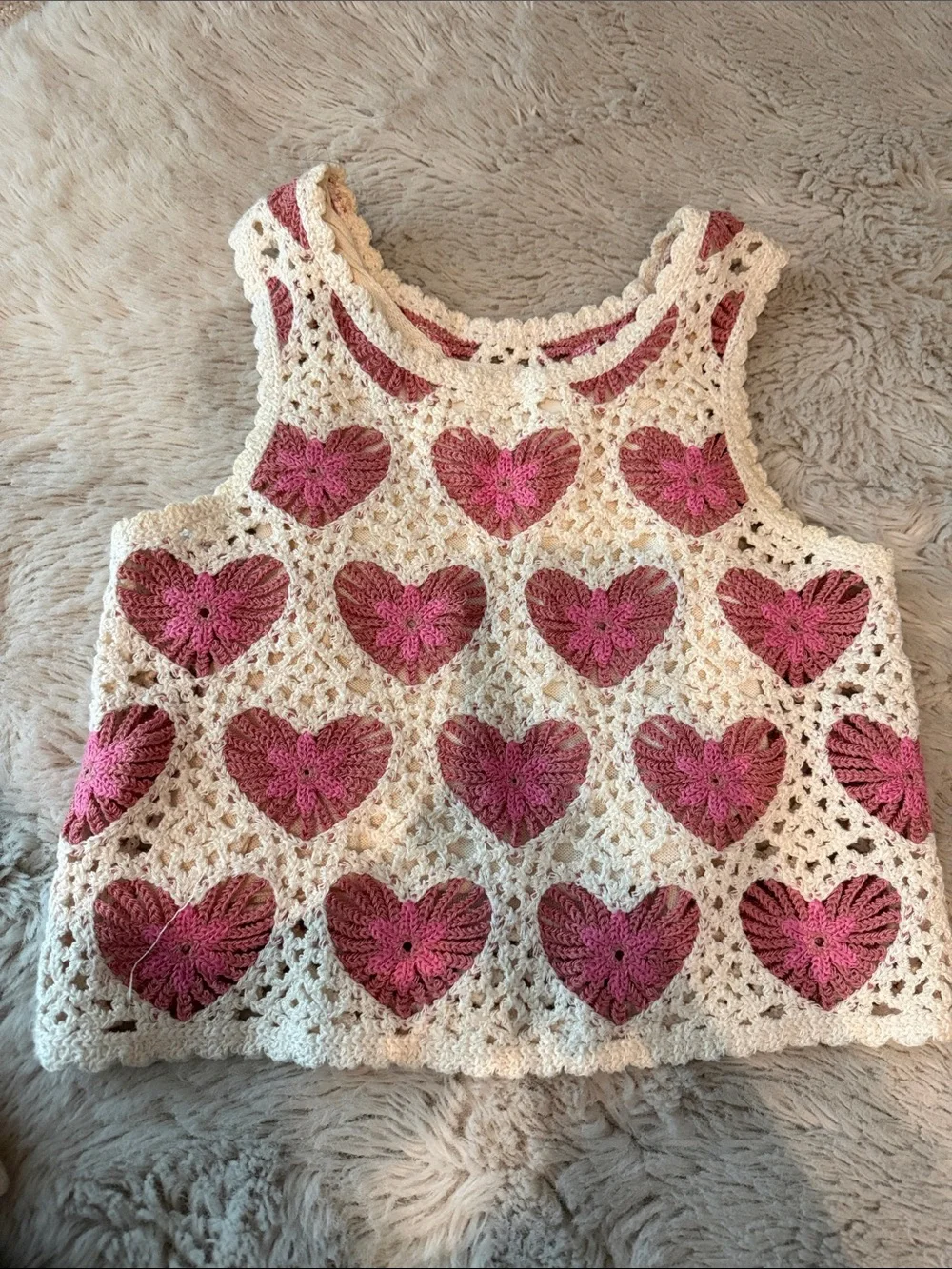 Zara Cream Crochet Nightgown Set with Pink Heart Pattern